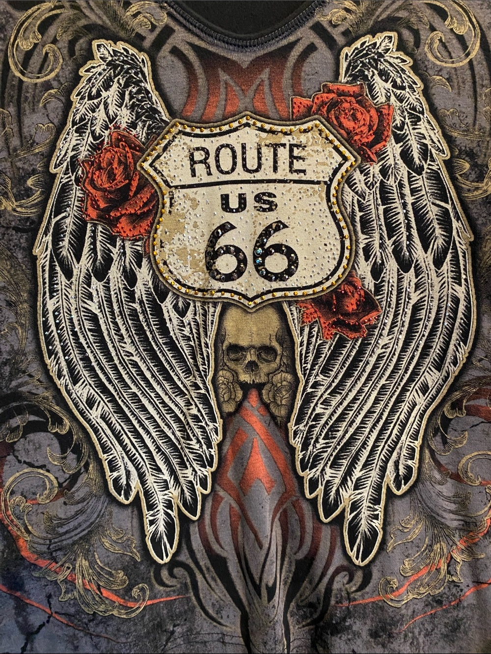 Route 66 Graphic Short Sleeve Tee with Wings and Roses - Picture 3 of 4